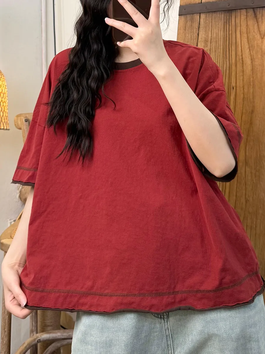 Women Summer Casual Colorblock O-Neck Cotton Shirt