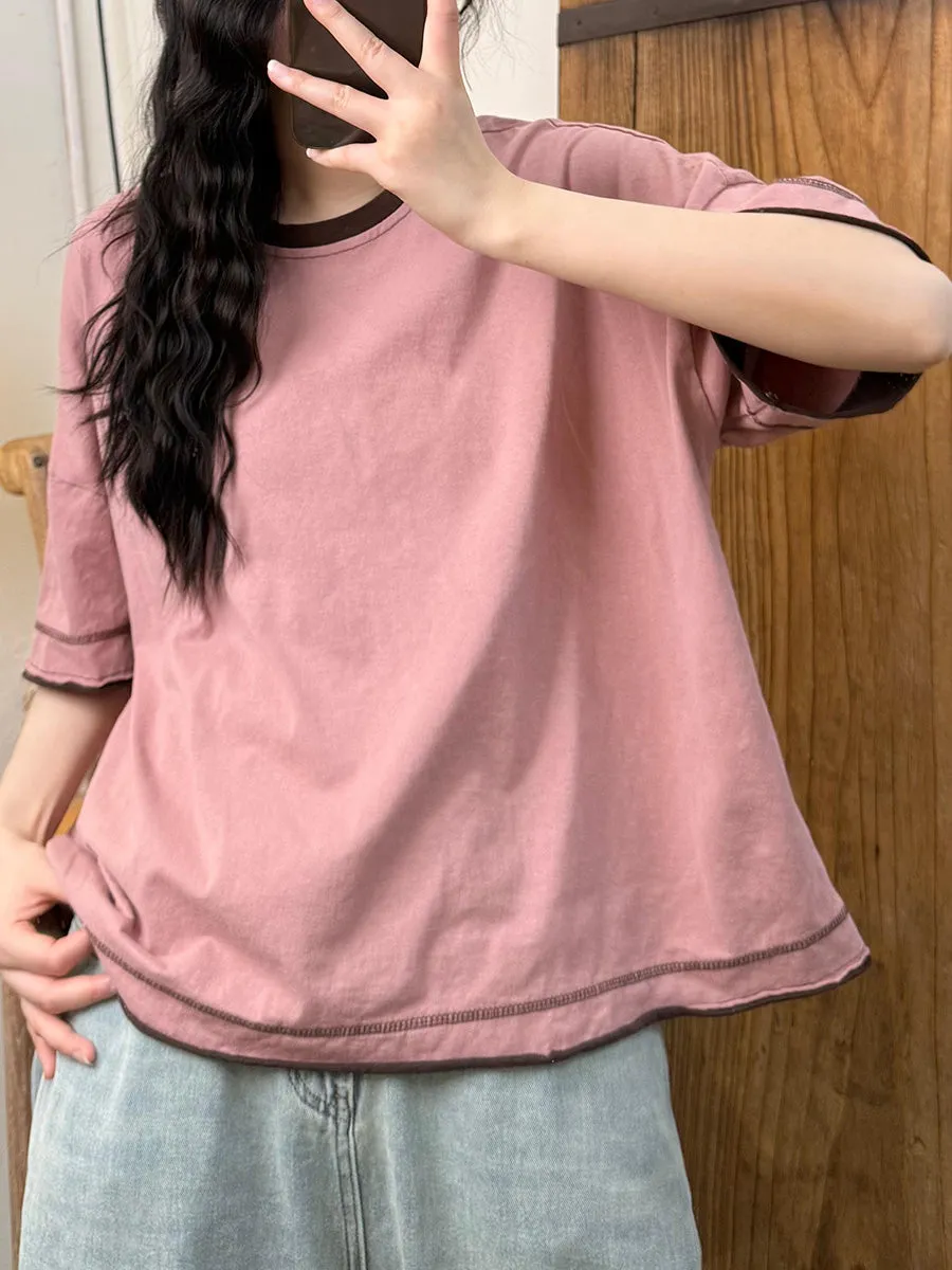 Women Summer Casual Colorblock O-Neck Cotton Shirt