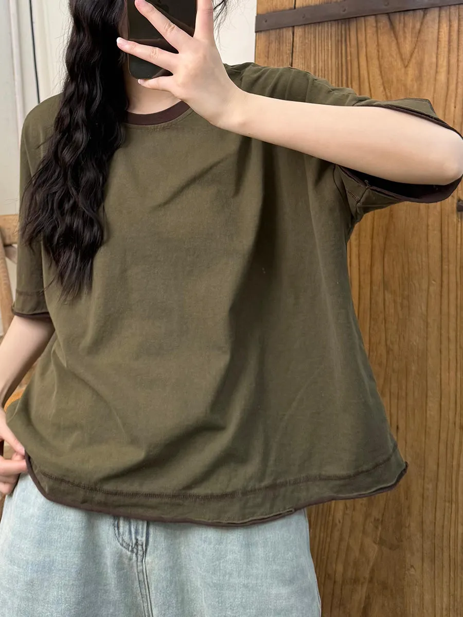 Women Summer Casual Colorblock O-Neck Cotton Shirt