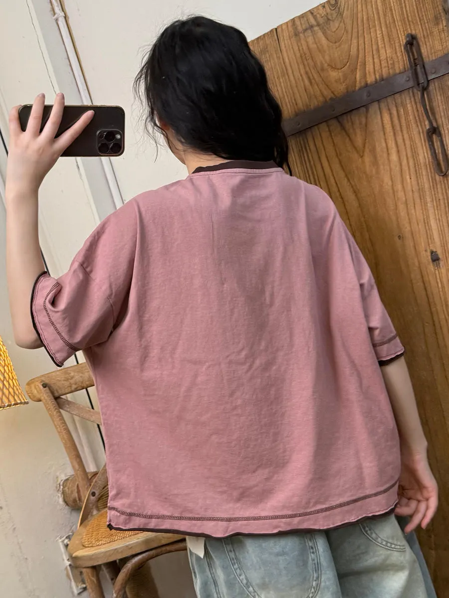 Women Summer Casual Colorblock O-Neck Cotton Shirt