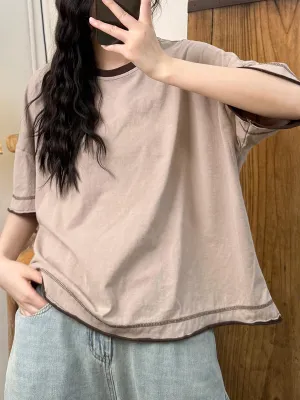 Women Summer Casual Colorblock O-Neck Cotton Shirt