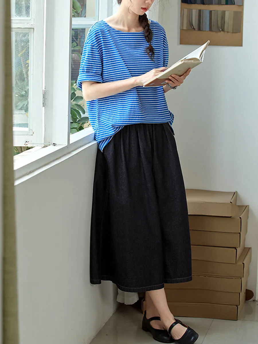 Women Summer Casual O-Neck Stripe 100%Cotton Shirt