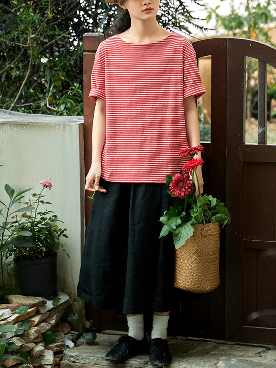Women Summer Casual O-Neck Stripe 100%Cotton Shirt