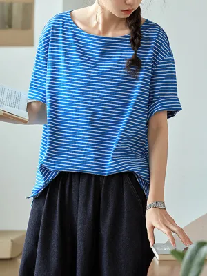 Women Summer Casual O-Neck Stripe 100%Cotton Shirt