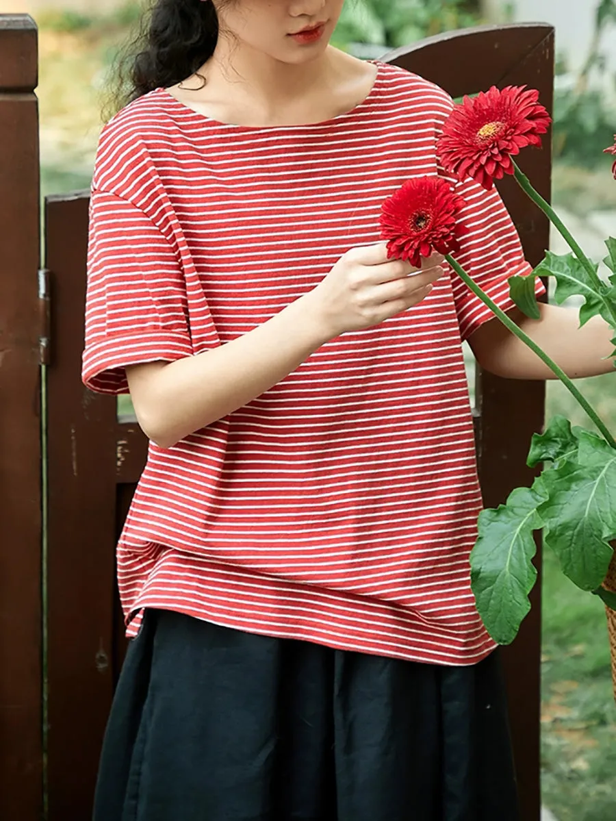 Women Summer Casual O-Neck Stripe 100%Cotton Shirt