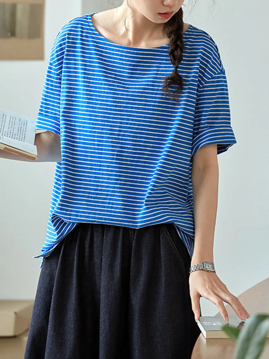Women Summer Casual O-Neck Stripe 100%Cotton Shirt