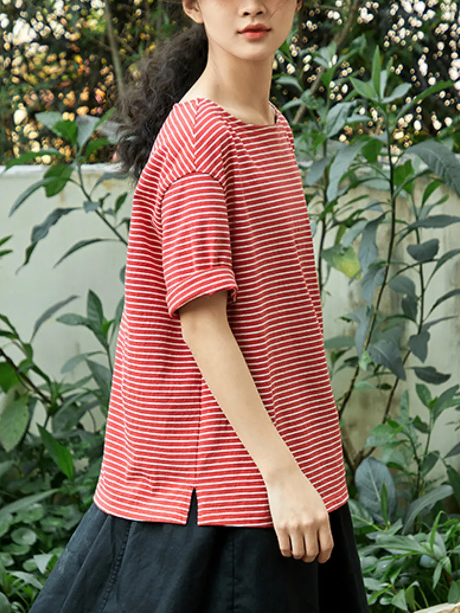 Women Summer Casual O-Neck Stripe 100%Cotton Shirt