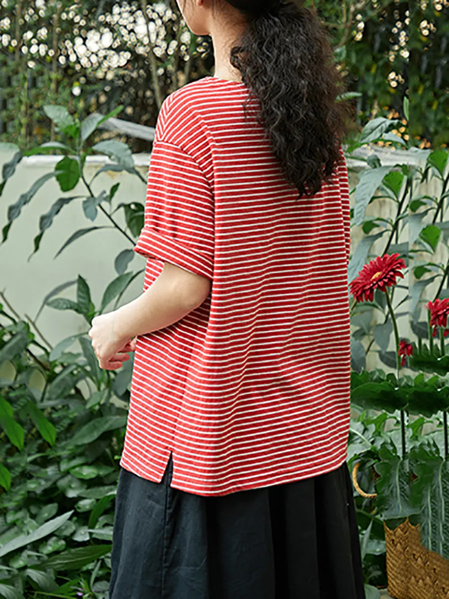 Women Summer Casual O-Neck Stripe 100%Cotton Shirt