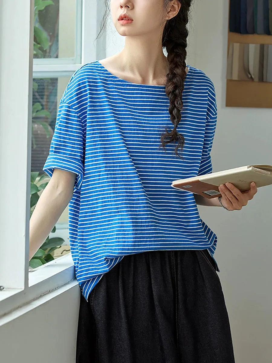Women Summer Casual O-Neck Stripe 100%Cotton Shirt