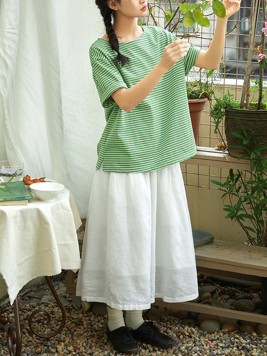 Women Summer Casual O-Neck Stripe 100%Cotton Shirt