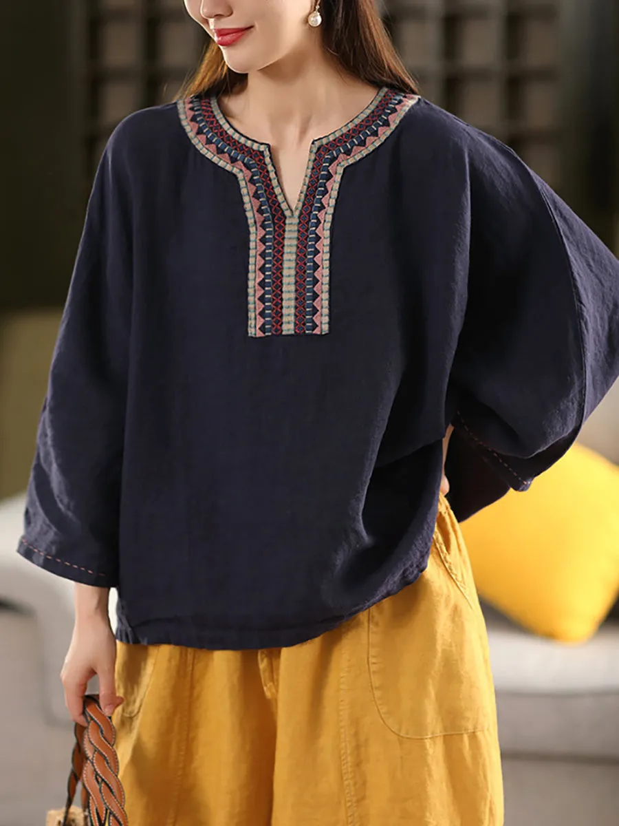 Women Summer Ethnic Embroidery V-Neck 100%Linen Shirt