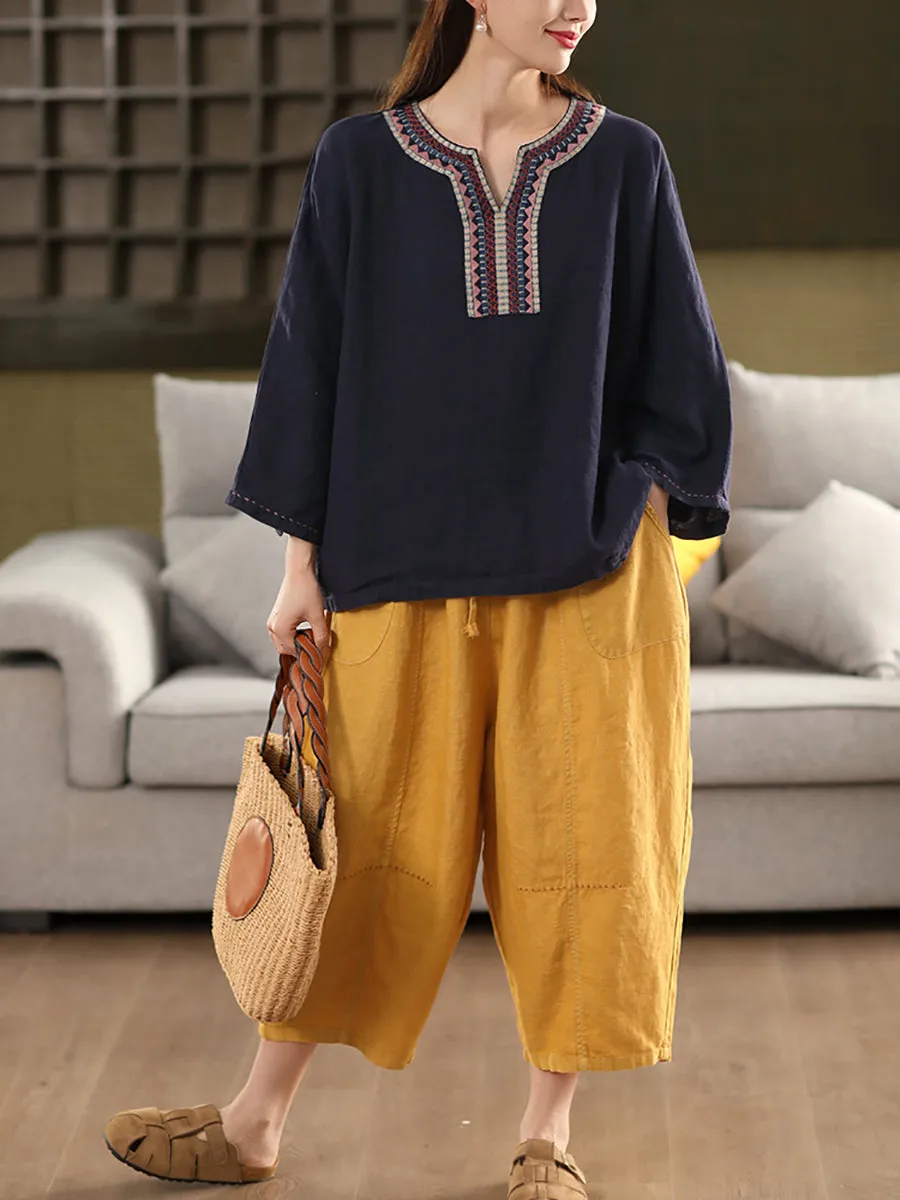 Women Summer Ethnic Embroidery V-Neck 100%Linen Shirt