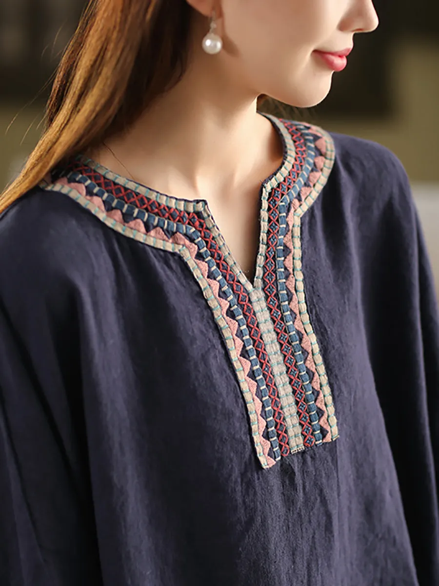 Women Summer Ethnic Embroidery V-Neck 100%Linen Shirt