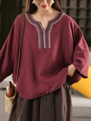 Women Summer Ethnic Embroidery V-Neck 100%Linen Shirt