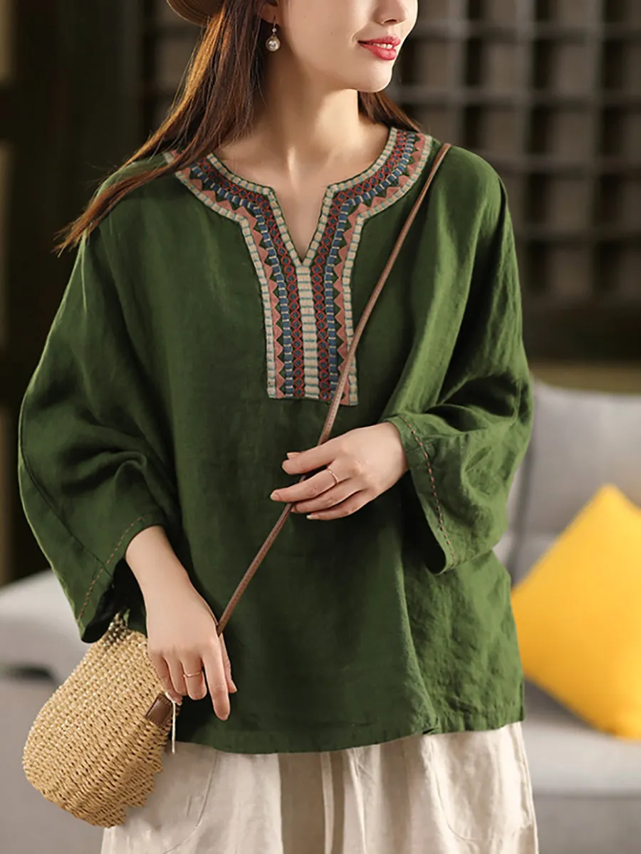 Women Summer Ethnic Embroidery V-Neck 100%Linen Shirt