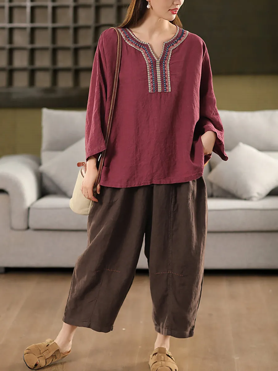 Women Summer Ethnic Embroidery V-Neck 100%Linen Shirt