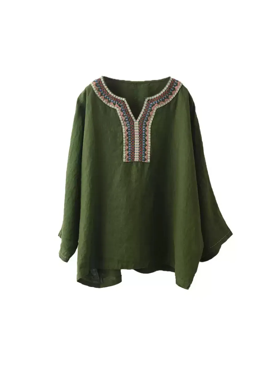 Women Summer Ethnic Embroidery V-Neck 100%Linen Shirt