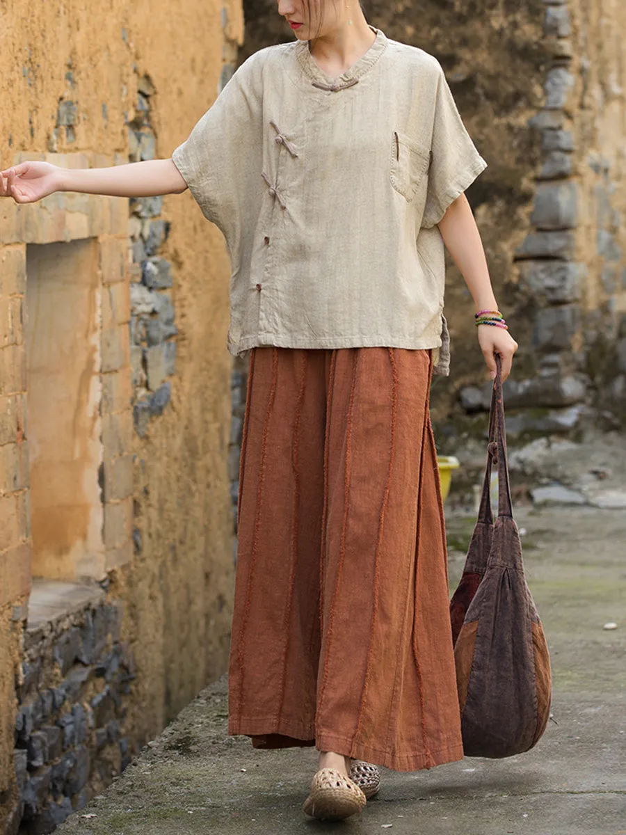 Women Summer Ethnic Pure Color Stand Collar Linen Shirt