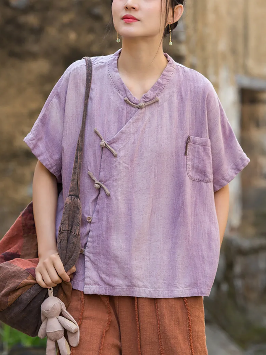 Women Summer Ethnic Pure Color Stand Collar Linen Shirt