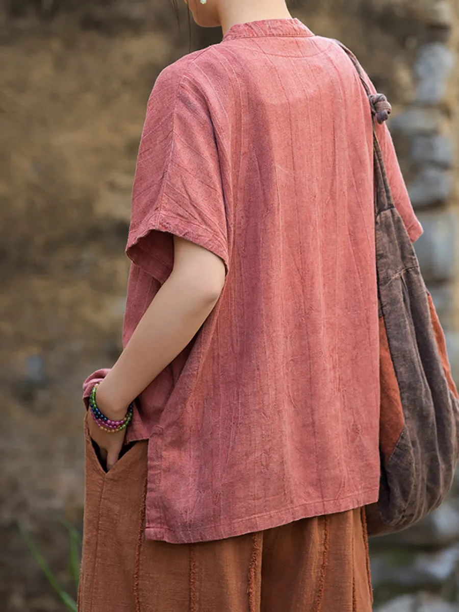 Women Summer Ethnic Pure Color Stand Collar Linen Shirt