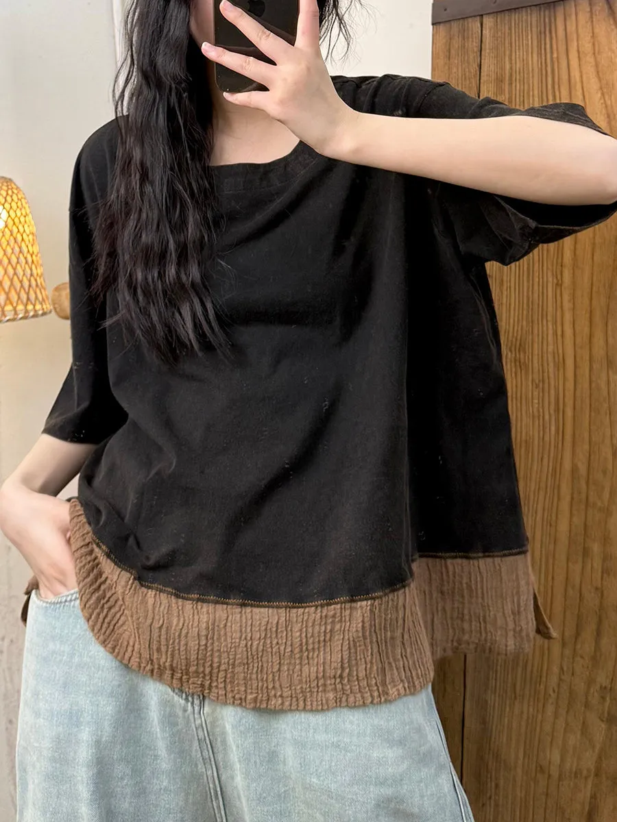 Women Summer O-Neck Spliced Cotton Linen Shirt