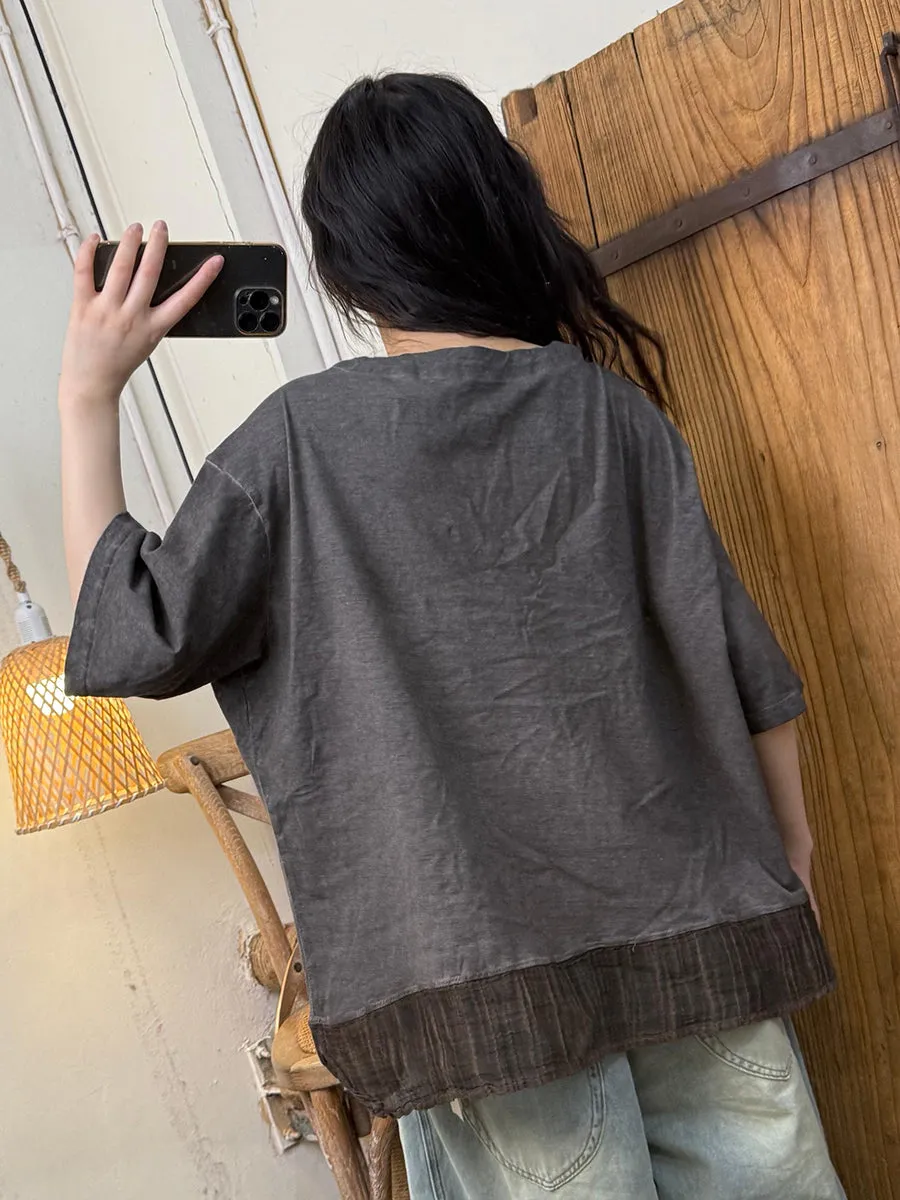 Women Summer O-Neck Spliced Cotton Linen Shirt