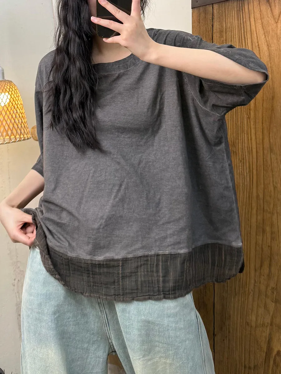 Women Summer O-Neck Spliced Cotton Linen Shirt