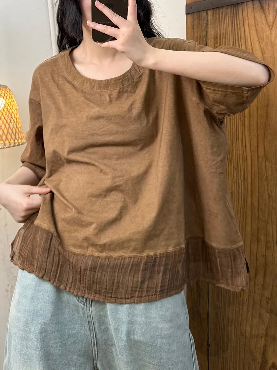 Women Summer O-Neck Spliced Cotton Linen Shirt
