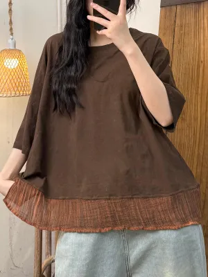 Women Summer O-Neck Spliced Cotton Linen Shirt