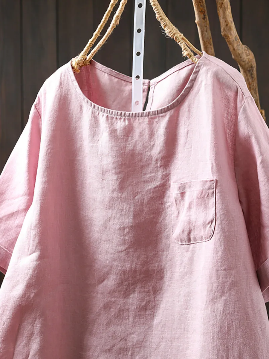 Women Summer Pure Color O-Neck 100%Linen Shirt