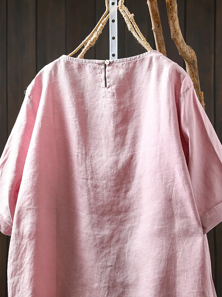 Women Summer Pure Color O-Neck 100%Linen Shirt
