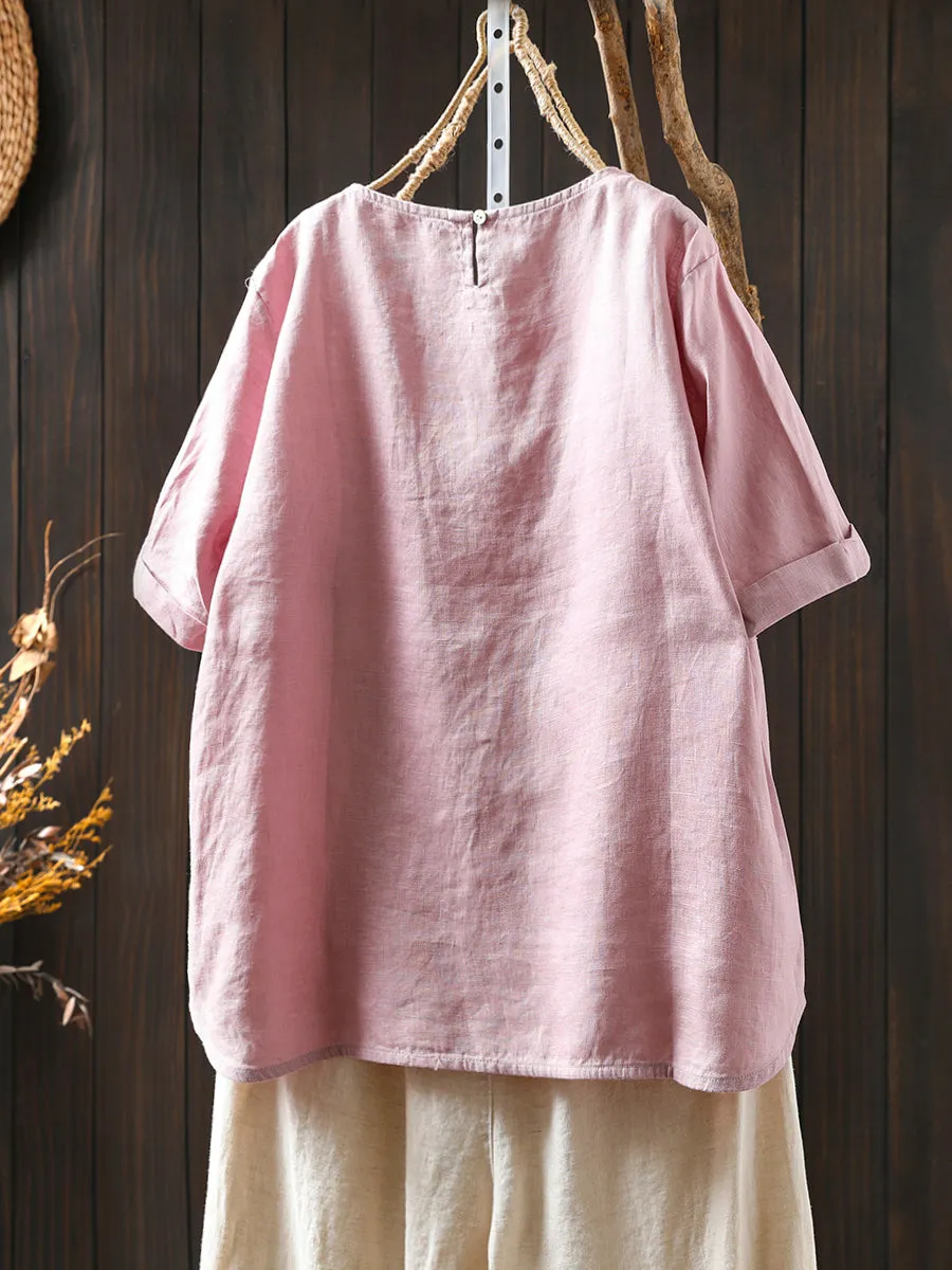 Women Summer Pure Color O-Neck 100%Linen Shirt