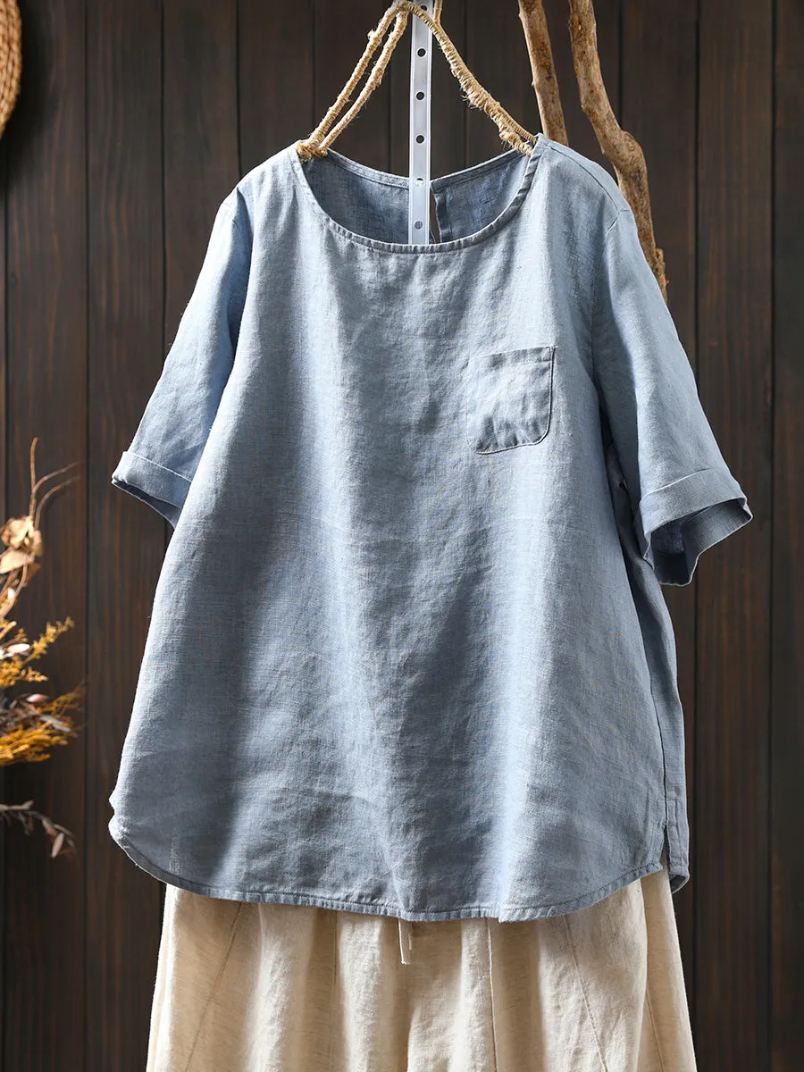Women Summer Pure Color O-Neck 100%Linen Shirt