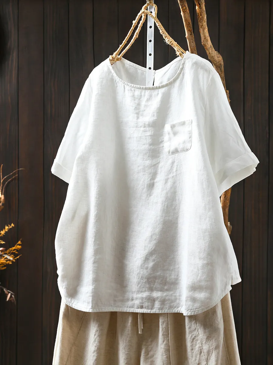 Women Summer Pure Color O-Neck 100%Linen Shirt