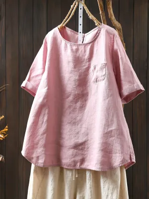 Women Summer Pure Color O-Neck 100%Linen Shirt