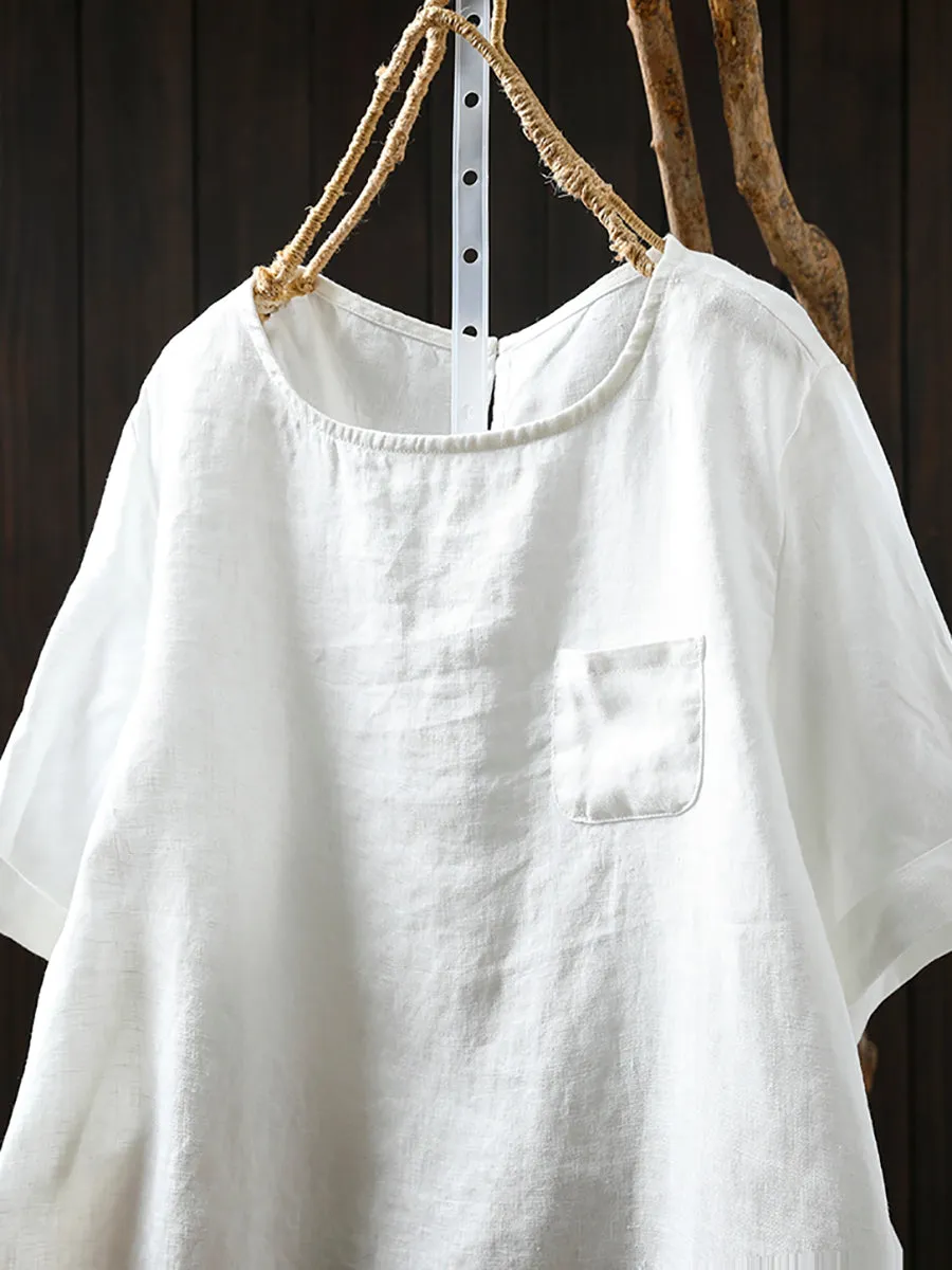 Women Summer Pure Color O-Neck 100%Linen Shirt