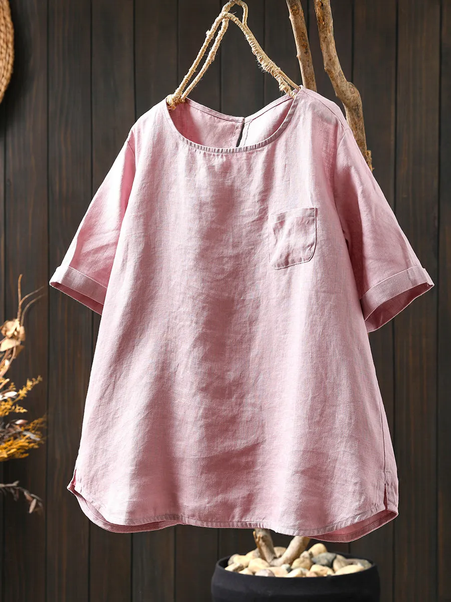 Women Summer Pure Color O-Neck 100%Linen Shirt