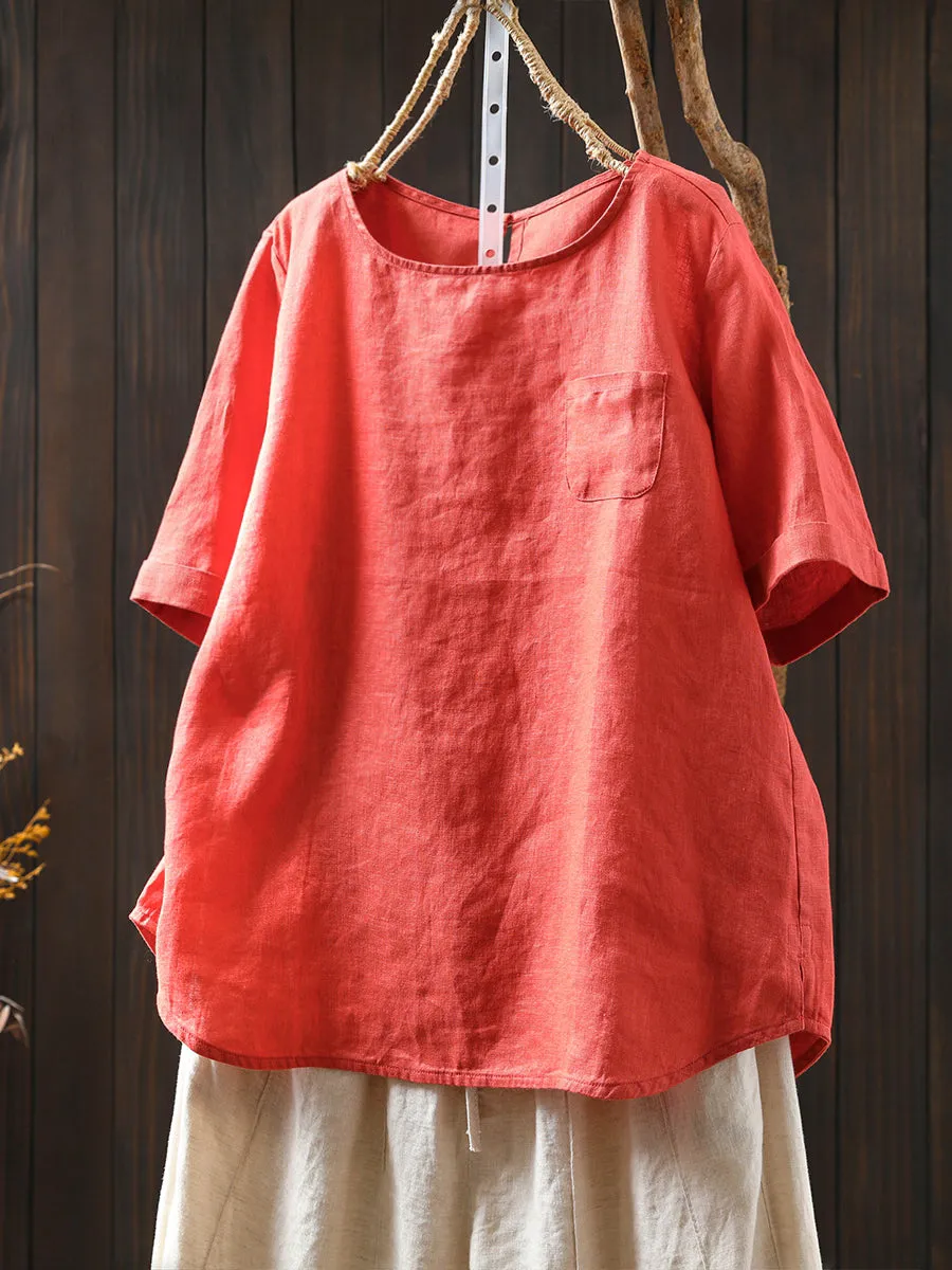 Women Summer Pure Color O-Neck 100%Linen Shirt