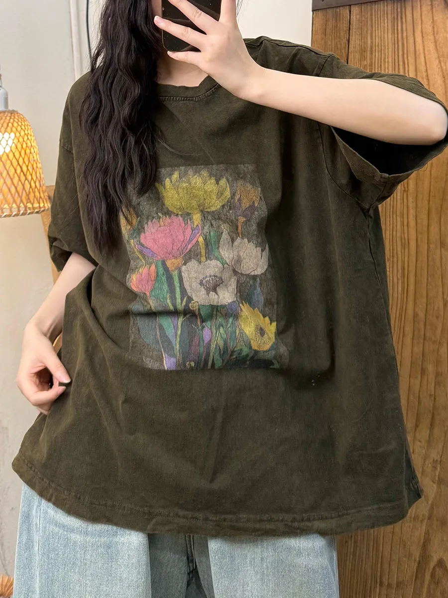 Women Summer Retro Flower O-Neck Cotton Shirt