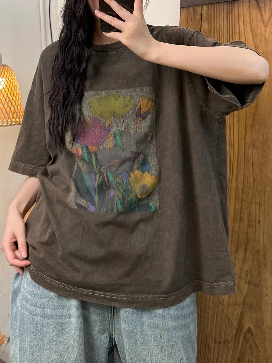Women Summer Retro Flower O-Neck Cotton Shirt