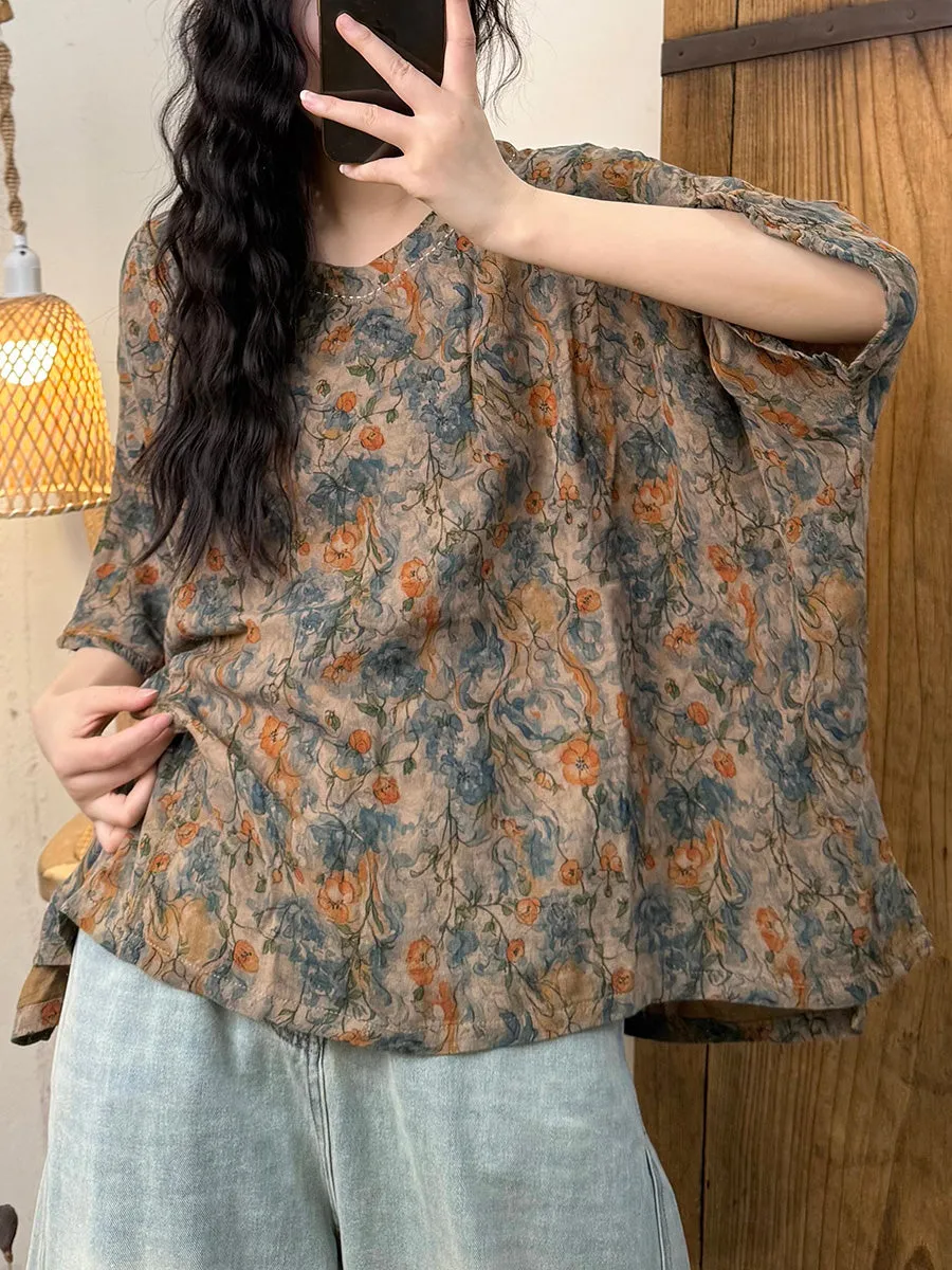 Women Summer Vintage Flower 100%Cotton V-Neck Shirt
