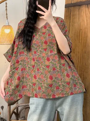 Women Summer Vintage Flower 100%Cotton V-Neck Shirt