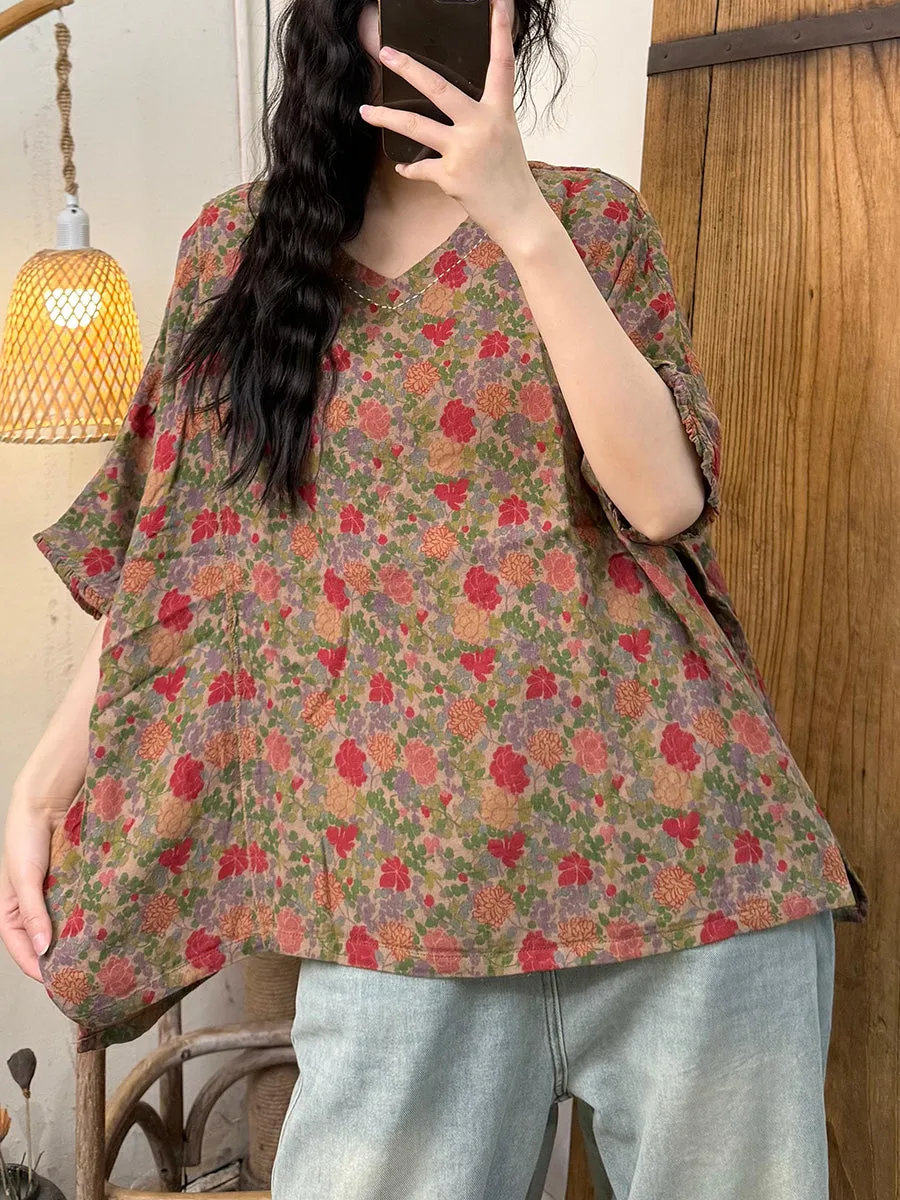 Women Summer Vintage Flower 100%Cotton V-Neck Shirt
