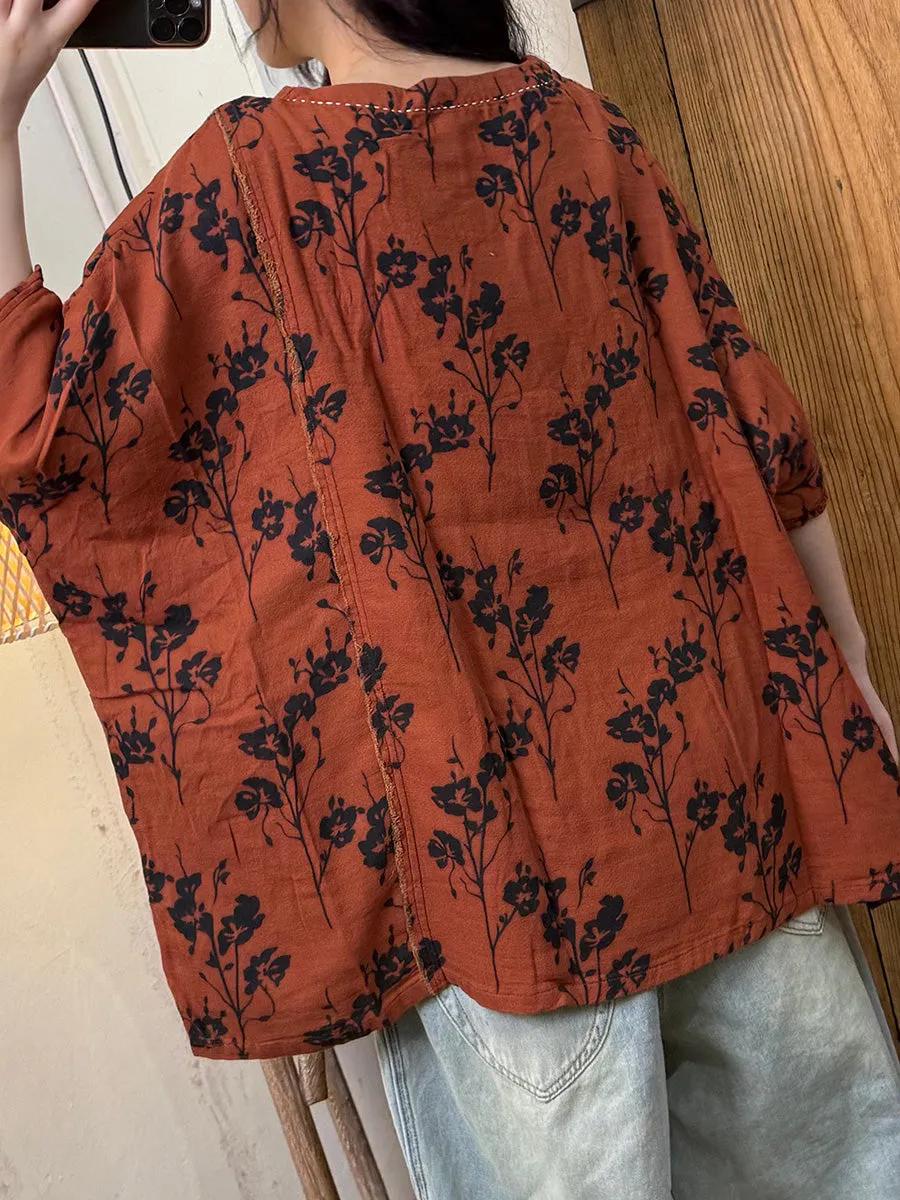 Women Summer Vintage Flower 100%Cotton V-Neck Shirt