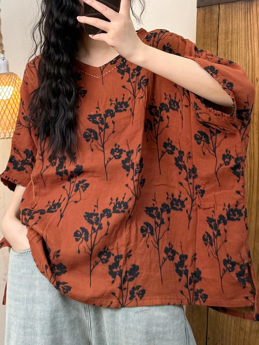 Women Summer Vintage Flower 100%Cotton V-Neck Shirt