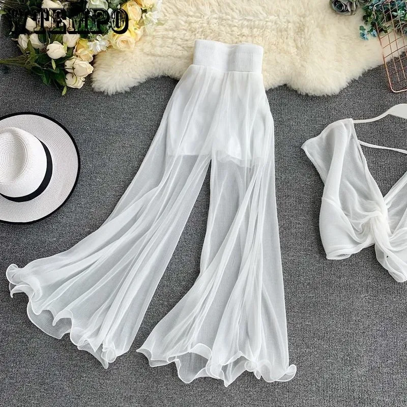 Women Wide-leg Pants Ruffle Fishtail Flared