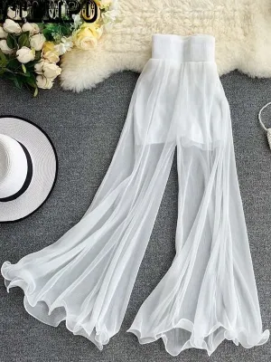 Women Wide-leg Pants Ruffle Fishtail Flared