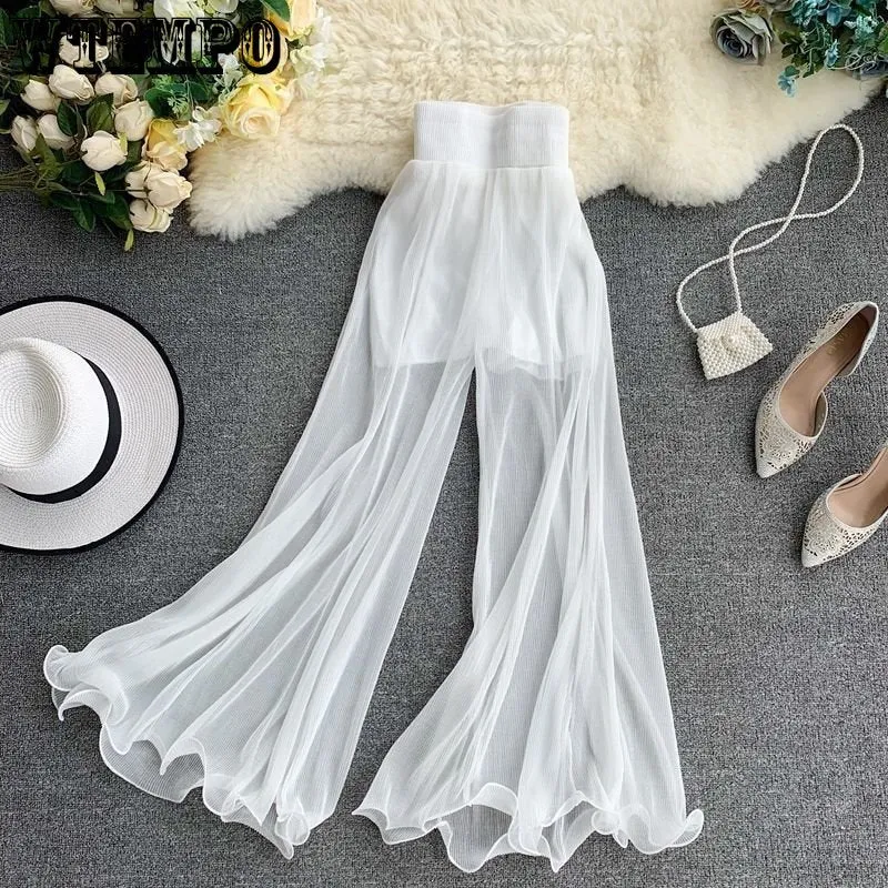 Women Wide-leg Pants Ruffle Fishtail Flared