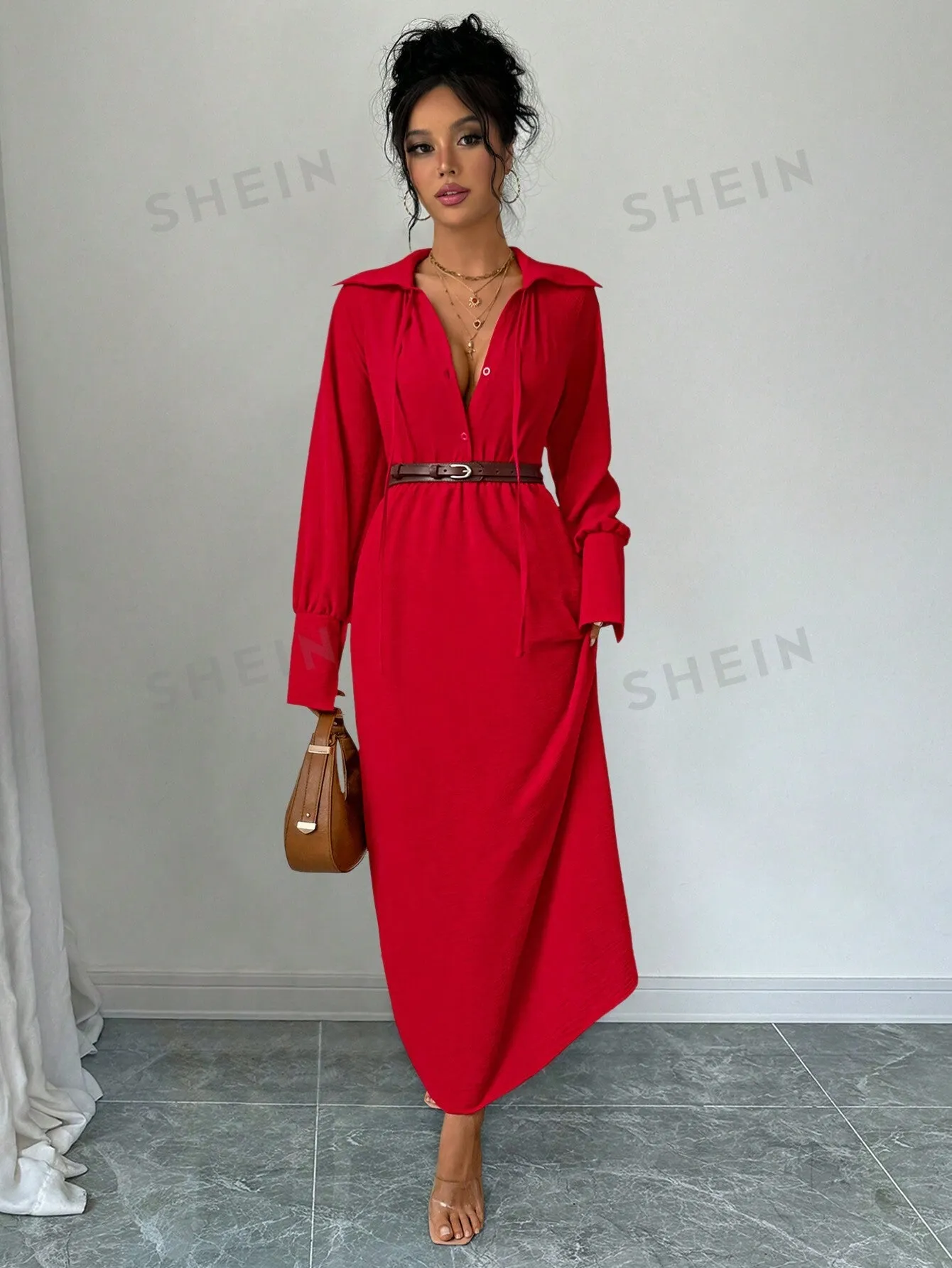 Women's Drawstring Elegant Casual Daily Long Sleeve Ruffled Collar Blouse Dress