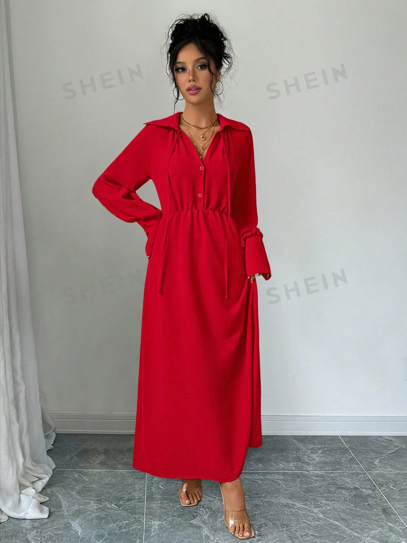 Women's Drawstring Elegant Casual Daily Long Sleeve Ruffled Collar Blouse Dress